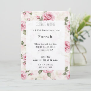 Pretty Pink Roses Floral Birthday Invitation