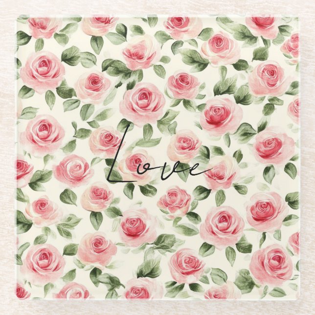 Pretty Pink Roses Floral Bridal Shower Glass Coaster (Front)
