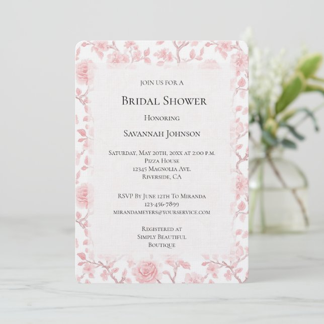 Pretty Pink Roses Floral Bridal Shower Invitation (Standing Front)