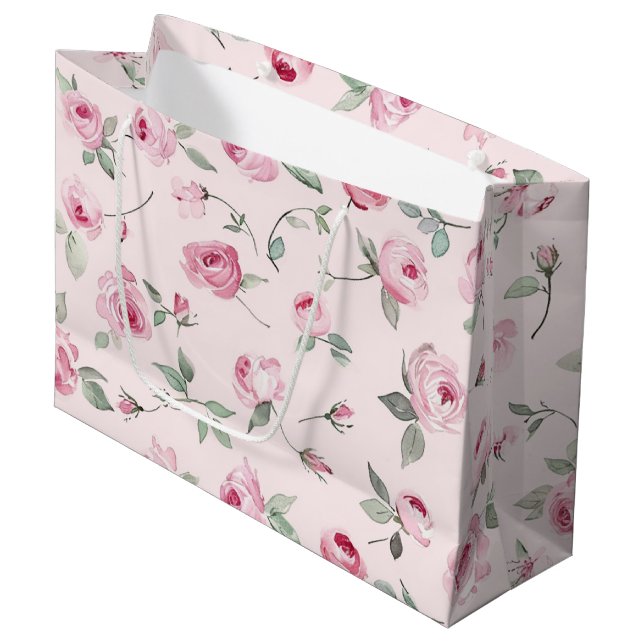 Pretty Pink Roses Floral Bridal Shower Large Gift Bag (Front Angled)