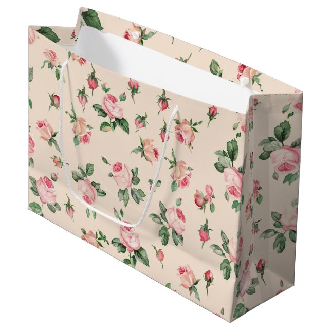 Pretty Pink Roses Floral Bridal Shower Large Gift Bag (Front Angled)