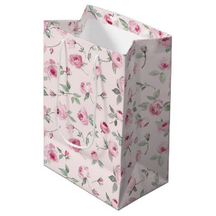 Pretty Pink Roses Floral Bridal Shower Medium Gift Bag