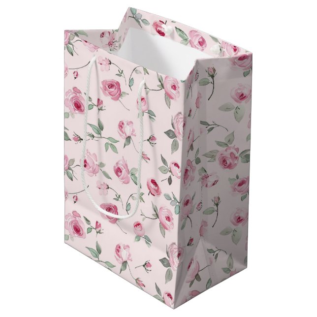 Pretty Pink Roses Floral Bridal Shower Medium Gift Bag (Front Angled)