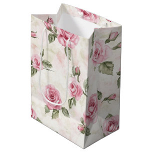 Pretty Pink Roses Floral Bridal Shower Medium Gift Bag