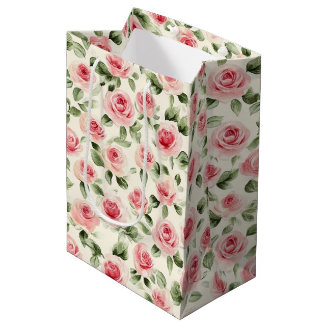 Pretty Pink Roses Floral Bridal Shower Medium Gift Bag (Front Angled)