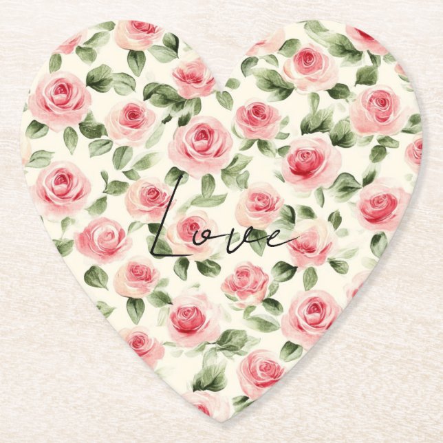 Pretty Pink Roses Floral Bridal Shower Paper Coaster (Front)