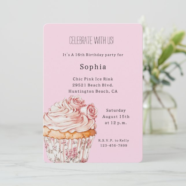 Pretty Pink Roses Floral Cupcake Birthday Invitation (Standing Front)