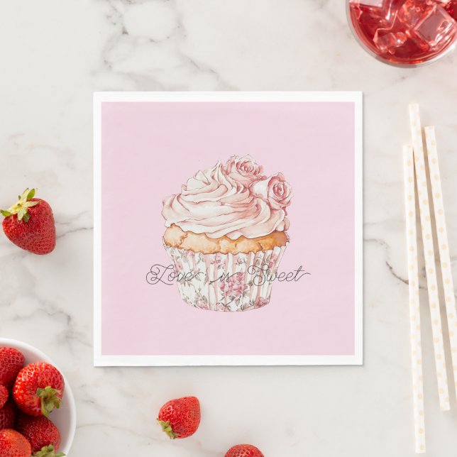 Pretty Pink Roses Floral Cupcake Bridal Shower Napkin (Insitu)