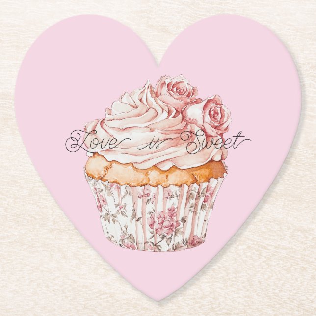 Pretty Pink Roses Floral Cupcake Bridal Shower Paper Coaster (Front)