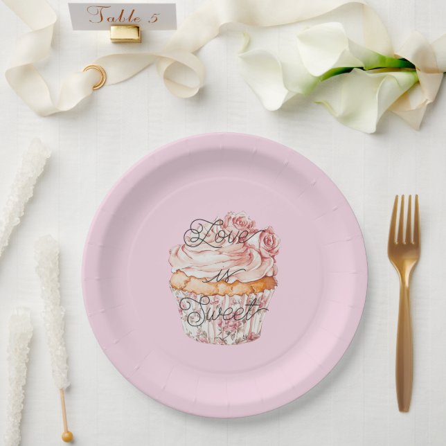 Pretty Pink Roses Floral Cupcake Bridal Shower Paper Plate (Wedding)