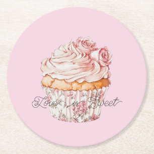 Pretty Pink Roses Floral Cupcake Bridal Shower Round Paper Coaster