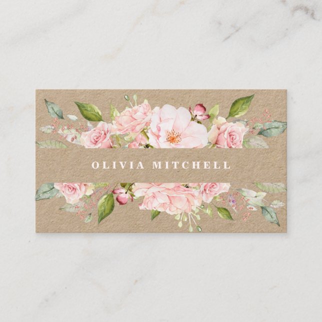 Pretty Pink Roses | Floral Kraft Business Card (Front)