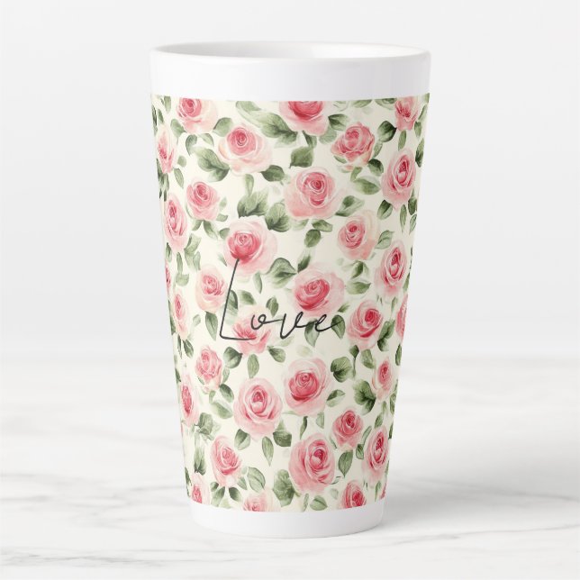 Pretty Pink Roses Floral Latte Mug (Front)