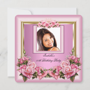 Pretty Pink Roses Floral Photo Birthday Party Invitation