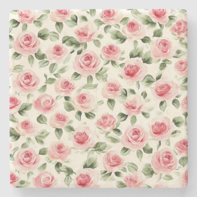 Pretty Pink Roses Floral Stone Coaster (Front)