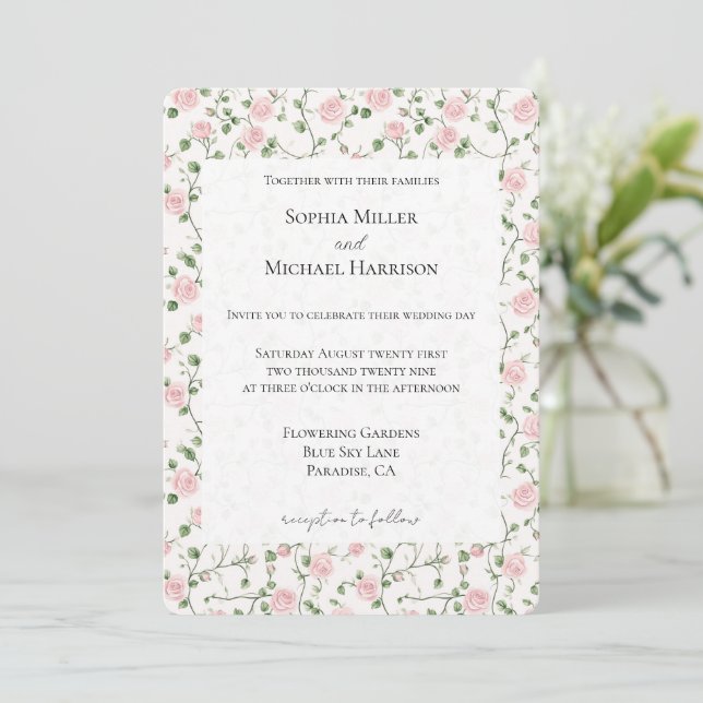 Pretty Pink Roses Floral Wedding Invitation (Standing Front)