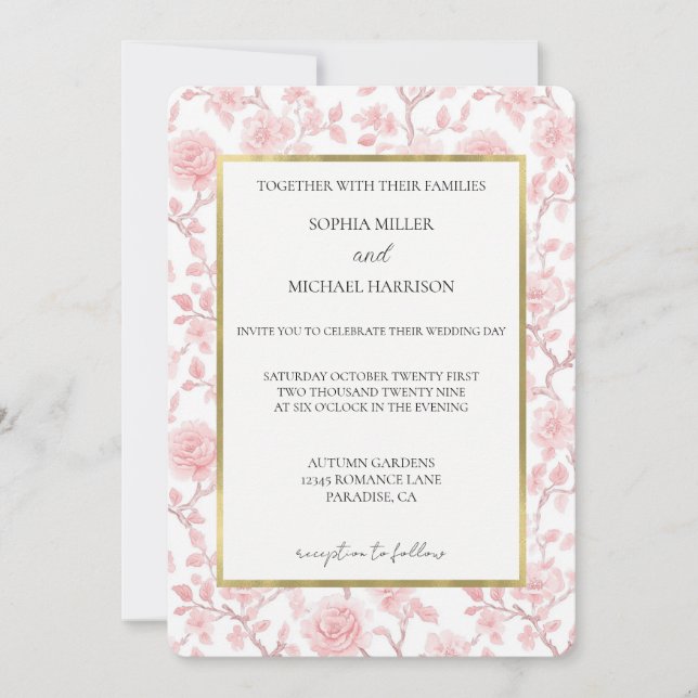 Pretty Pink Roses Floral Wedding Invitation (Front)