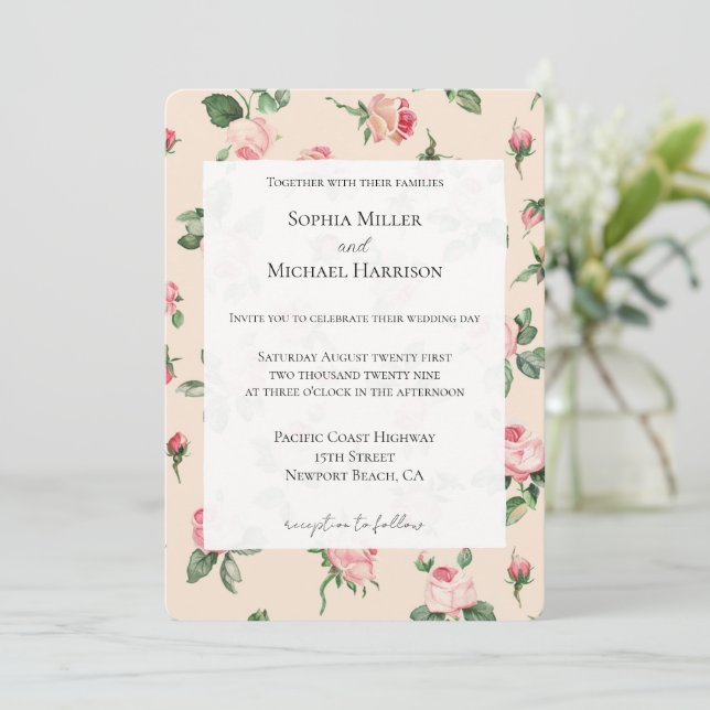 Pretty Pink Roses Floral Wedding Invitation (Standing Front)