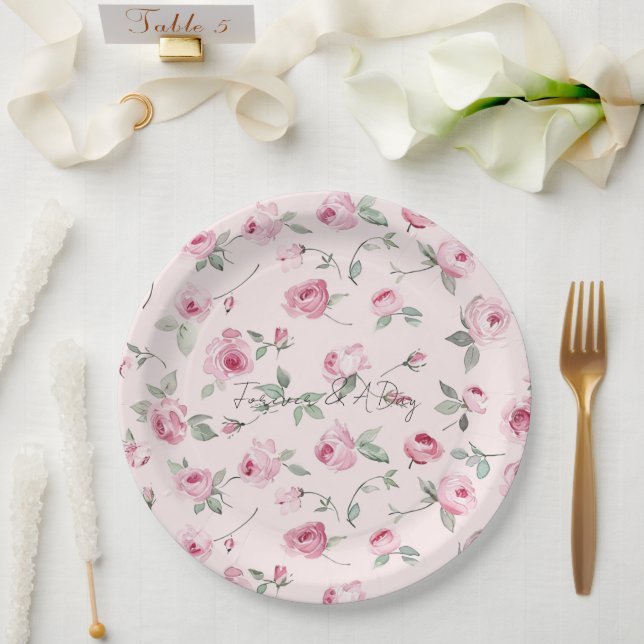 Pretty Pink Roses Floral Wedding   Paper Plate (Wedding)