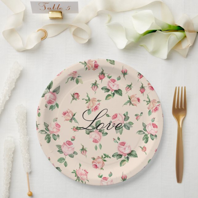 Pretty Pink Roses Floral Wedding Paper Plate (Wedding)