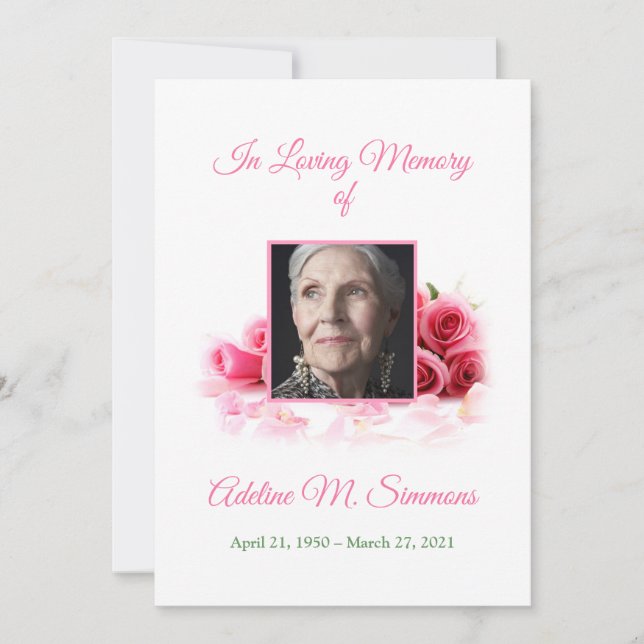 Pretty Pink Roses Funeral Memorial Card (Front)