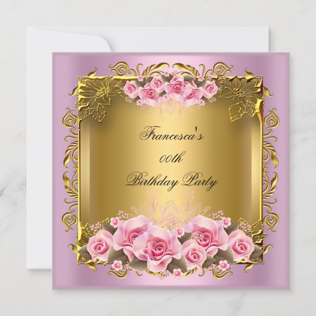 Pretty Pink Roses Gold Birthday Party Invitation (Front)