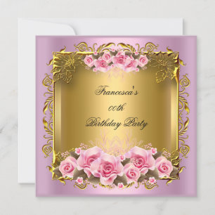 Pretty Pink Roses Gold Birthday Party Invitation