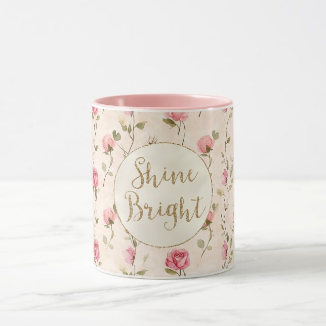 Pretty Pink Roses Gold Glitter Shine Bright Mug (Center)