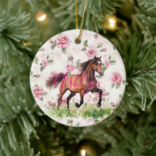 Pretty Pink Roses Horse Christmas Ceramic Tree Decoration