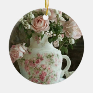 Pretty Pink Roses in Vintage Antique China Teapot Ceramic Tree Decoration