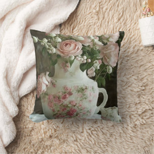 Pretty Pink Roses in Vintage Antique China Teapot Cushion