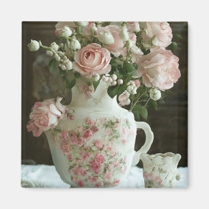 Pretty Pink Roses in Vintage Antique China Teapot Magnet