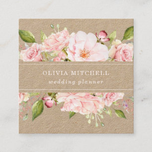 Pretty Pink Roses on Blush Pink Floral Kraft Square Business Card