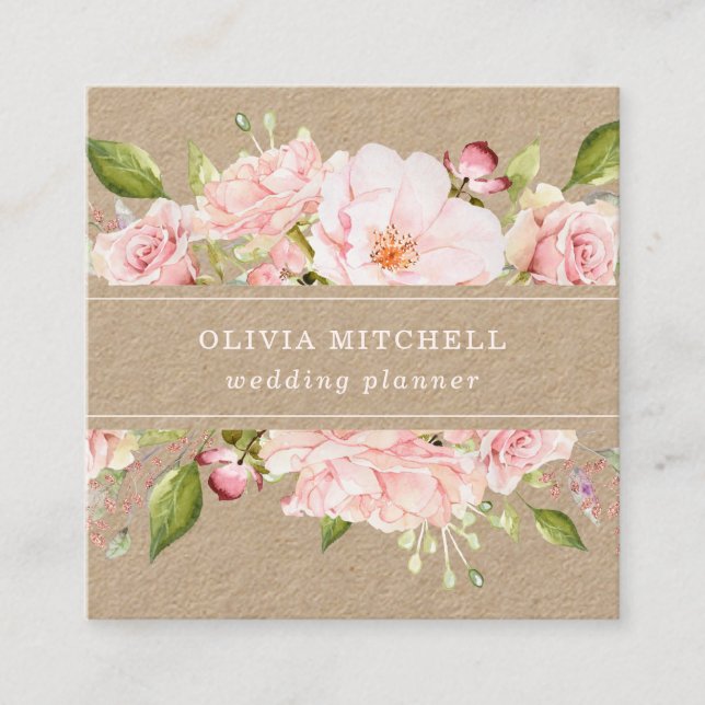 Pretty Pink Roses on Blush Pink | Floral Kraft Square Business Card (Front)