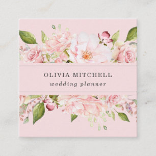 Pretty Pink Roses on Blush Pink   Floral Square Business Card
