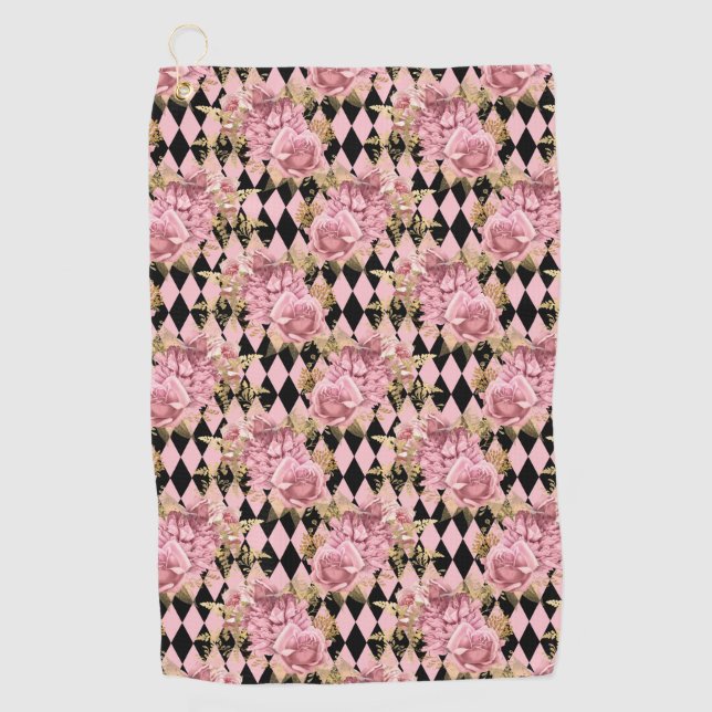 Pretty Pink Roses on Harlequin   Golf Towel (Front)