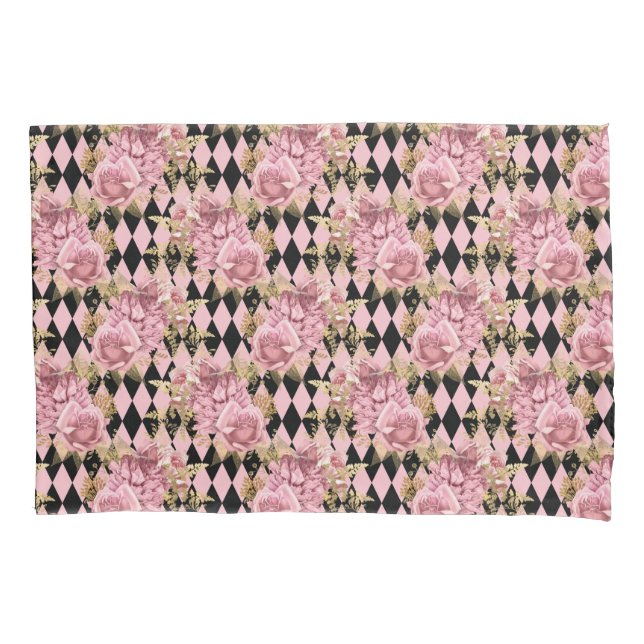 Pretty Pink Roses on Harlequin   Pillowcase (Front)