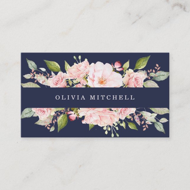 Pretty Pink Roses on Navy Blue | Floral Business Card (Front)