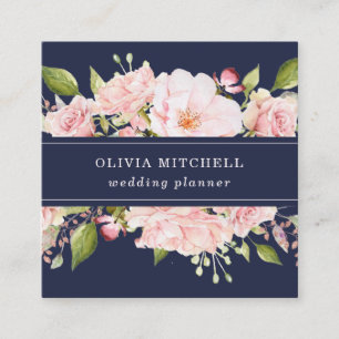 Pretty Pink Roses on Navy Blue Floral Square Business Card
