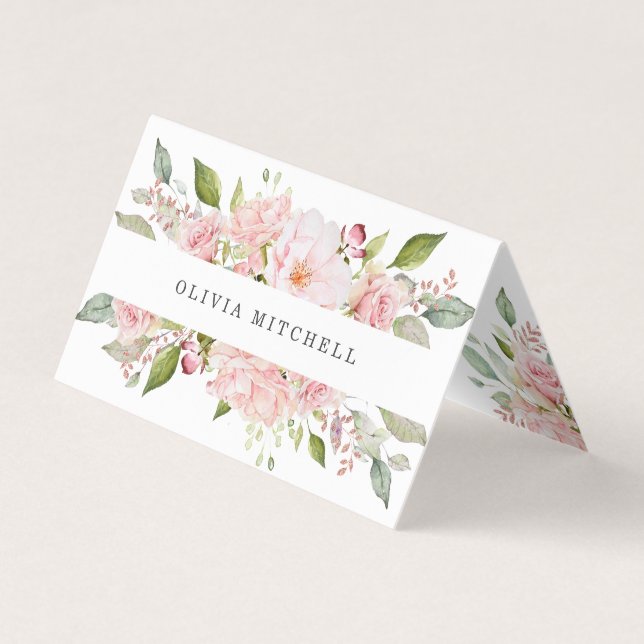 Pretty Pink Roses on White | Floral Folded Business Card (Front)