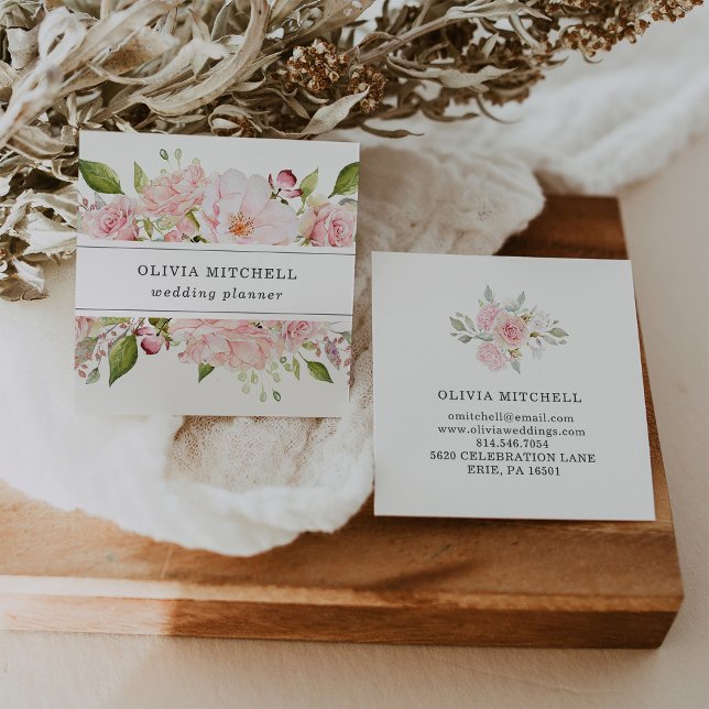 Pretty Pink Roses on White | Floral Square Business Card (Creator Uploaded)