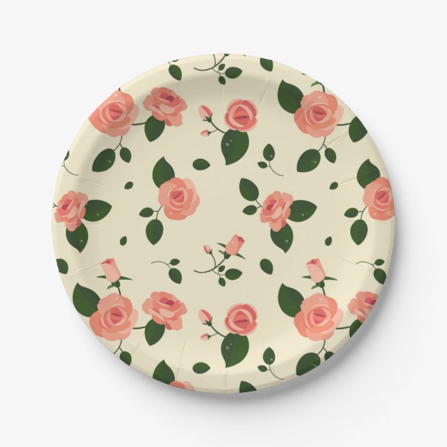 Pretty Pink Roses Pastel Pink Pattern Paper Plate (Front)