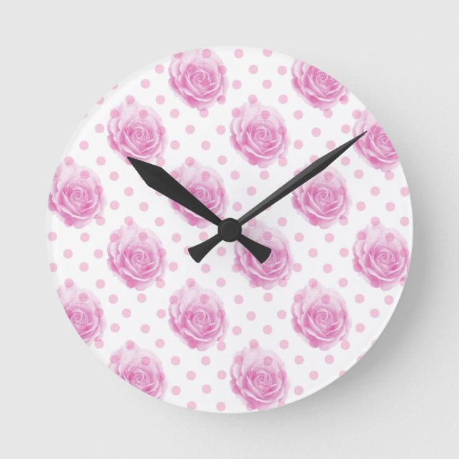 Pretty pink roses pattern round clock (Front)