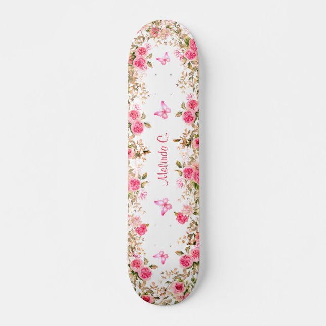 Pretty Pink Roses & Pink Butterflies Skateboard (Front)