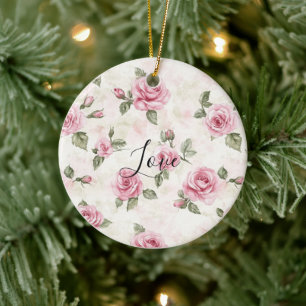 Pretty Pink Roses Romantic Love Ceramic Tree Decoration