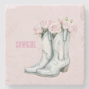 Pretty Pink Roses Silver Cowgirl Boots Stone Coaster