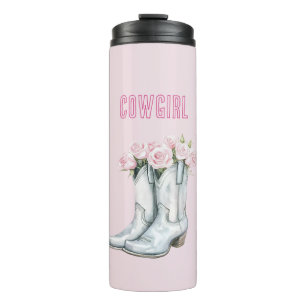 Pretty Pink Roses Silver Cowgirl Boots Thermal Tumbler