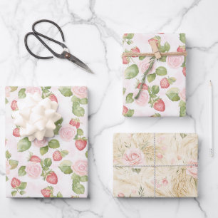 Pretty Pink Roses Strawberries Bridal Shower Wrapping Paper Sheet
