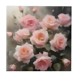 Pretty pink roses watercolor painting tile