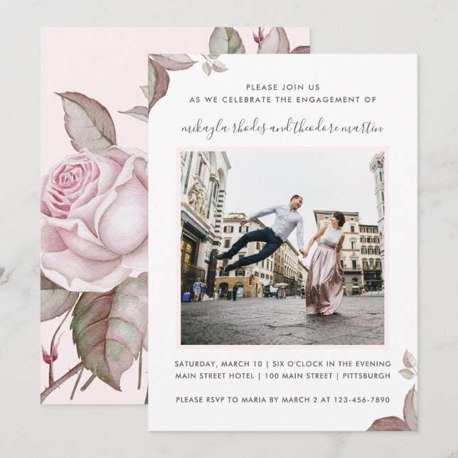 Pretty Pink Roses Wedding Engagement Photo Invitation (Front/Back)